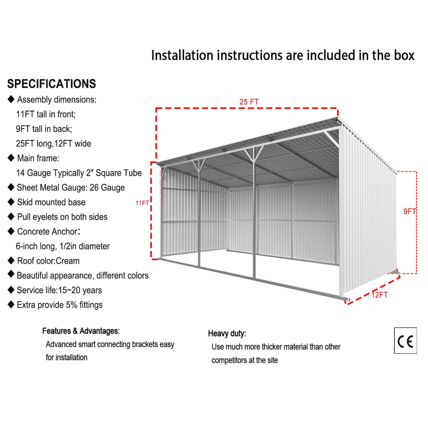 Alora 12x25 Heavy-Duty Galvanized Steel Equipment Storage Shed