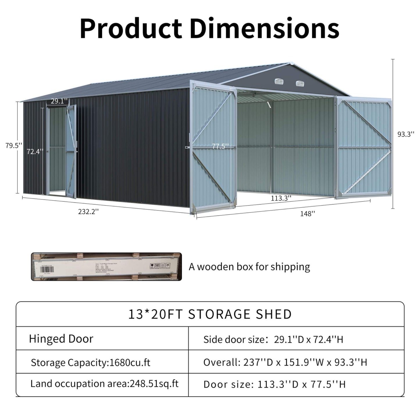 Alora 13x20 Heavy-Duty Outdoor Metal Storage Shed – Double Doors
