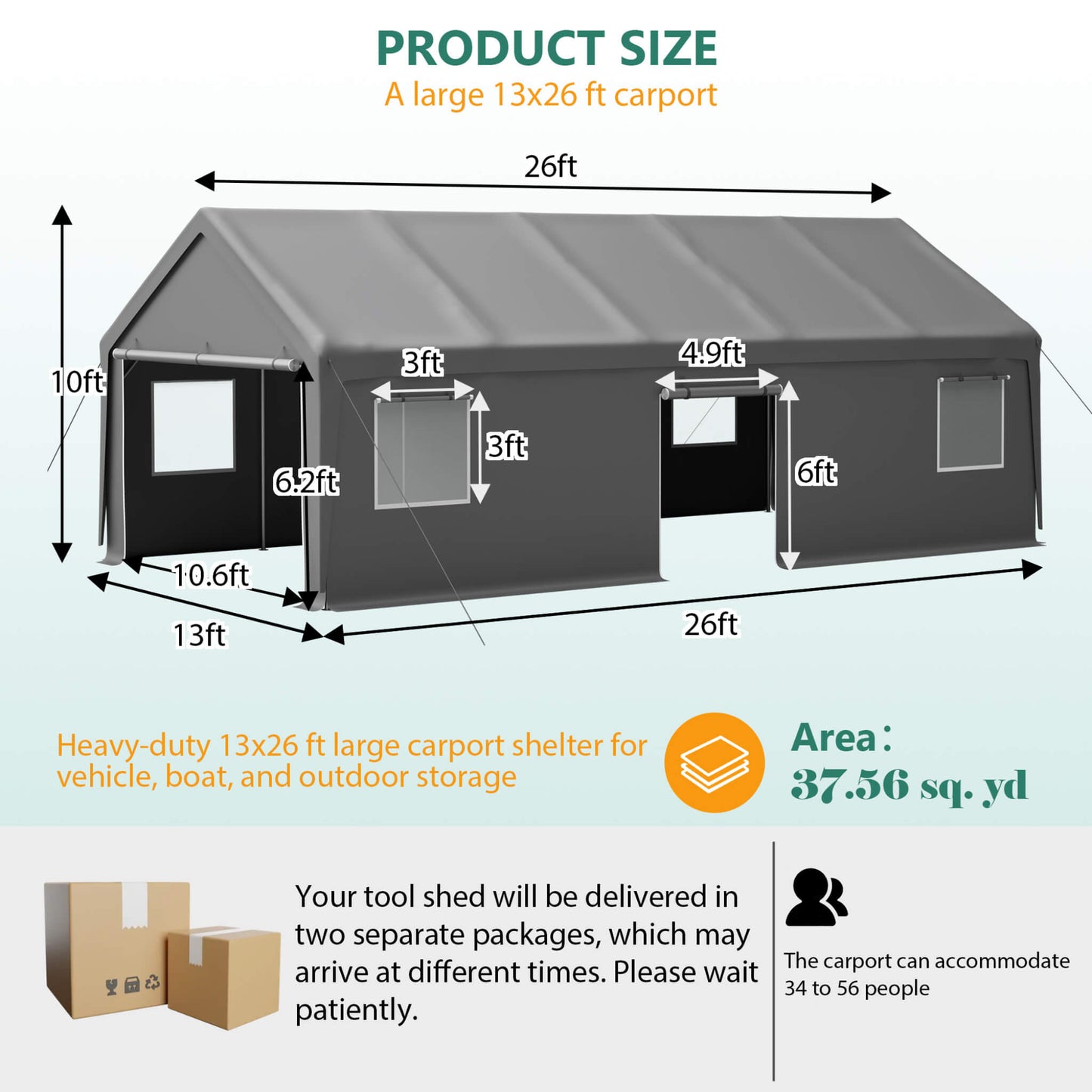 Alora 13x26 Heavy-Duty Carport Canopy – Roll-Up Doors & Windows