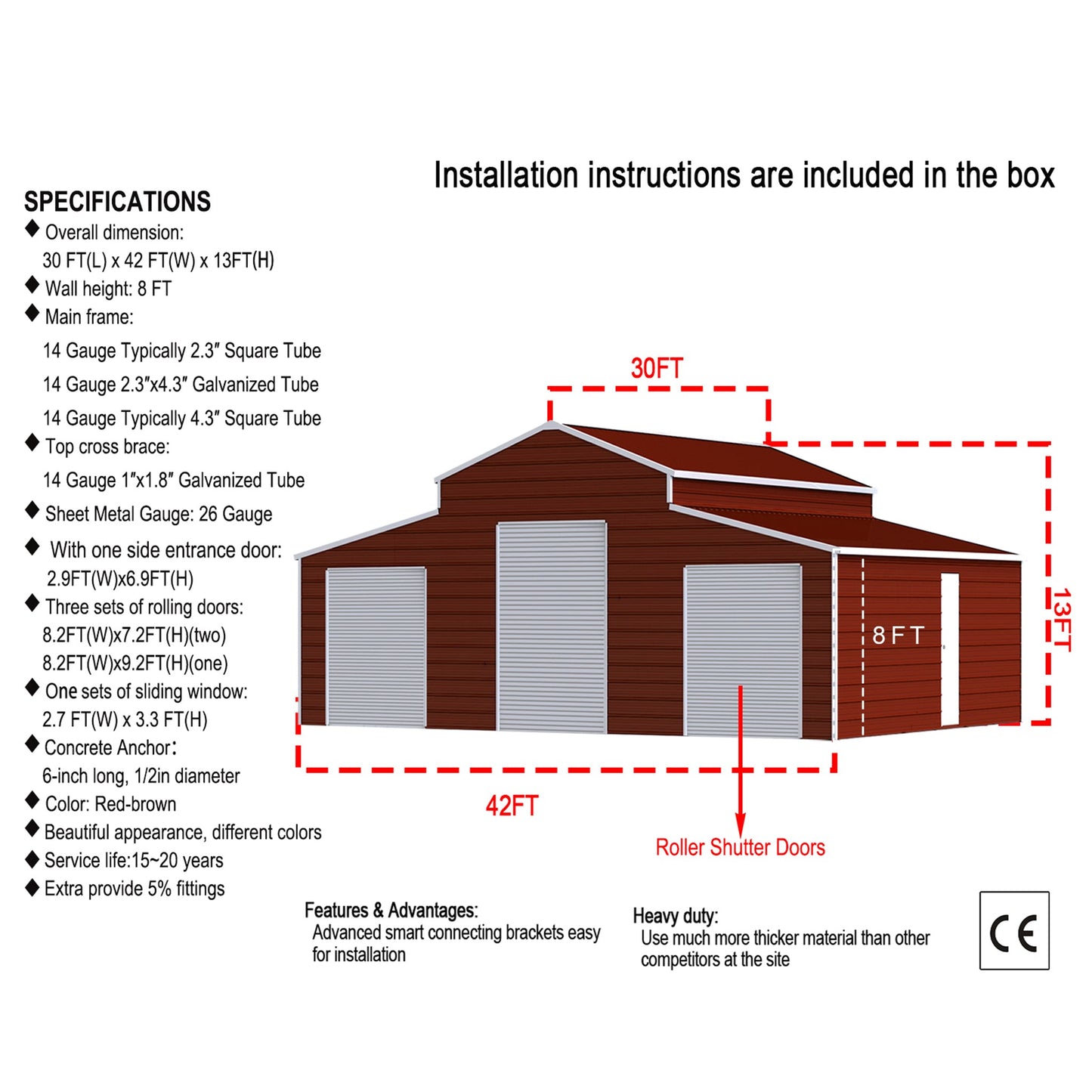 30x42 Heavy-Duty All-Weather Galvanized Steel Shed – 3-Car Garage