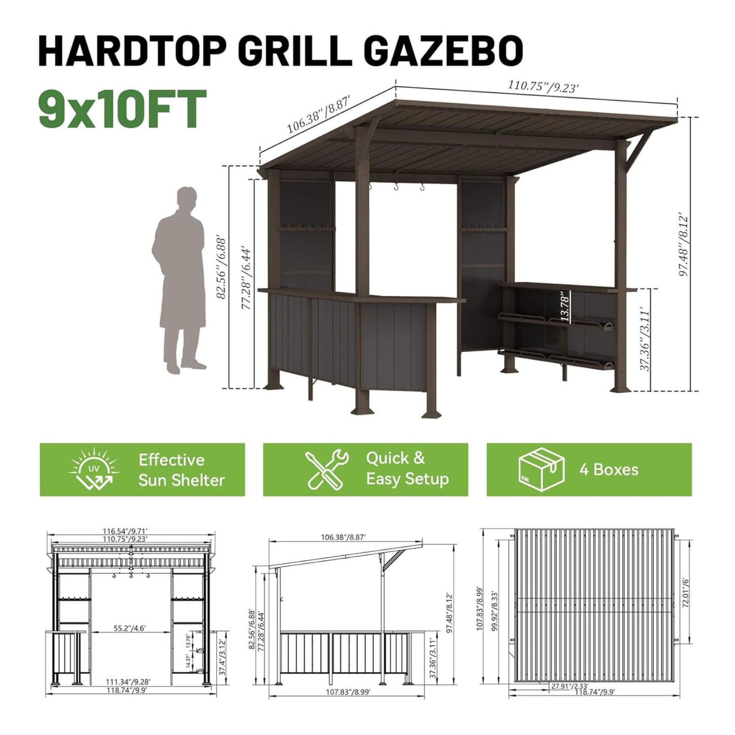 Alora 9x10 Modern Slanted Hardtop Grill Gazebo – Alloy Steel
