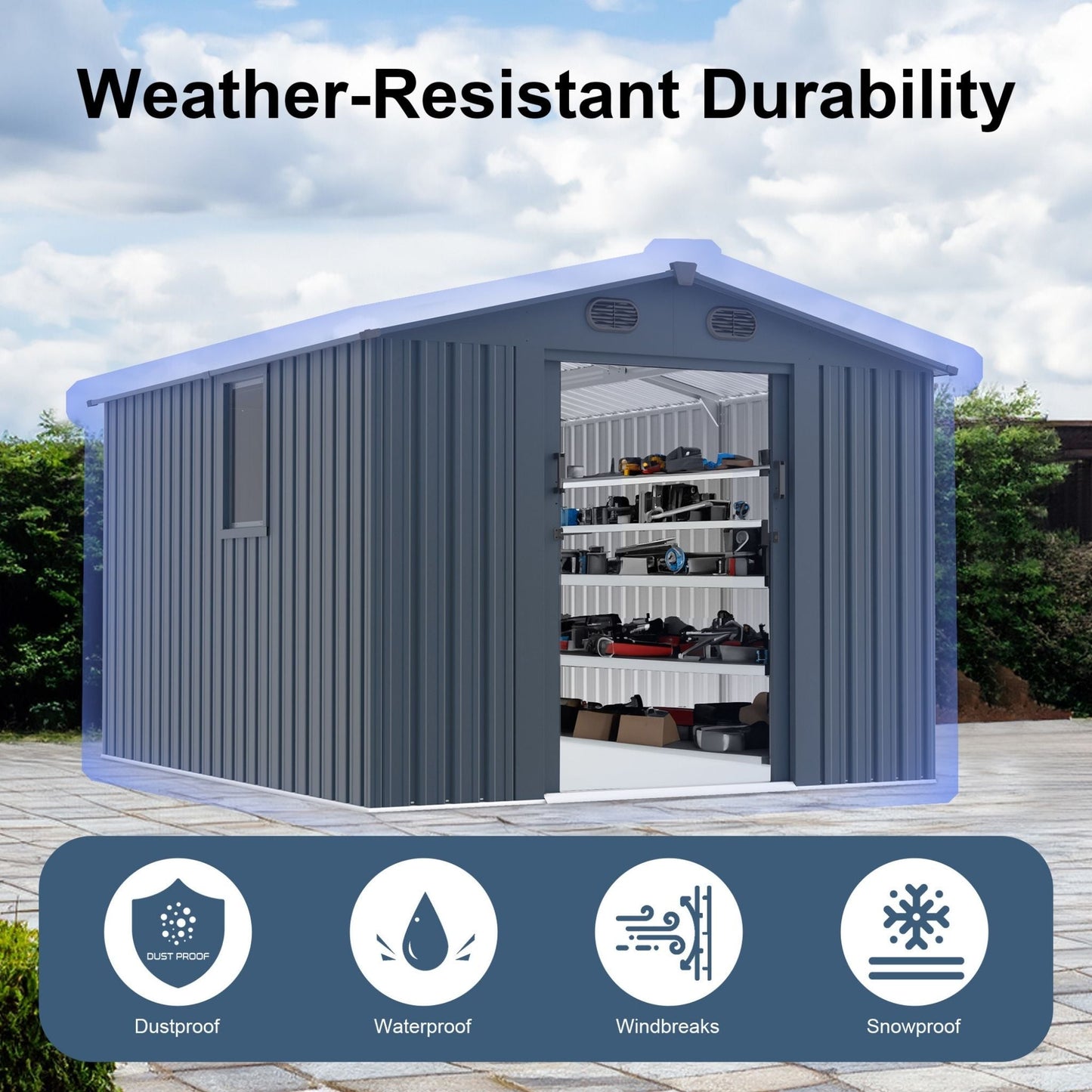 Alora 8x10 Outdoor Metal Storage Shed – Window & Lockable Doors