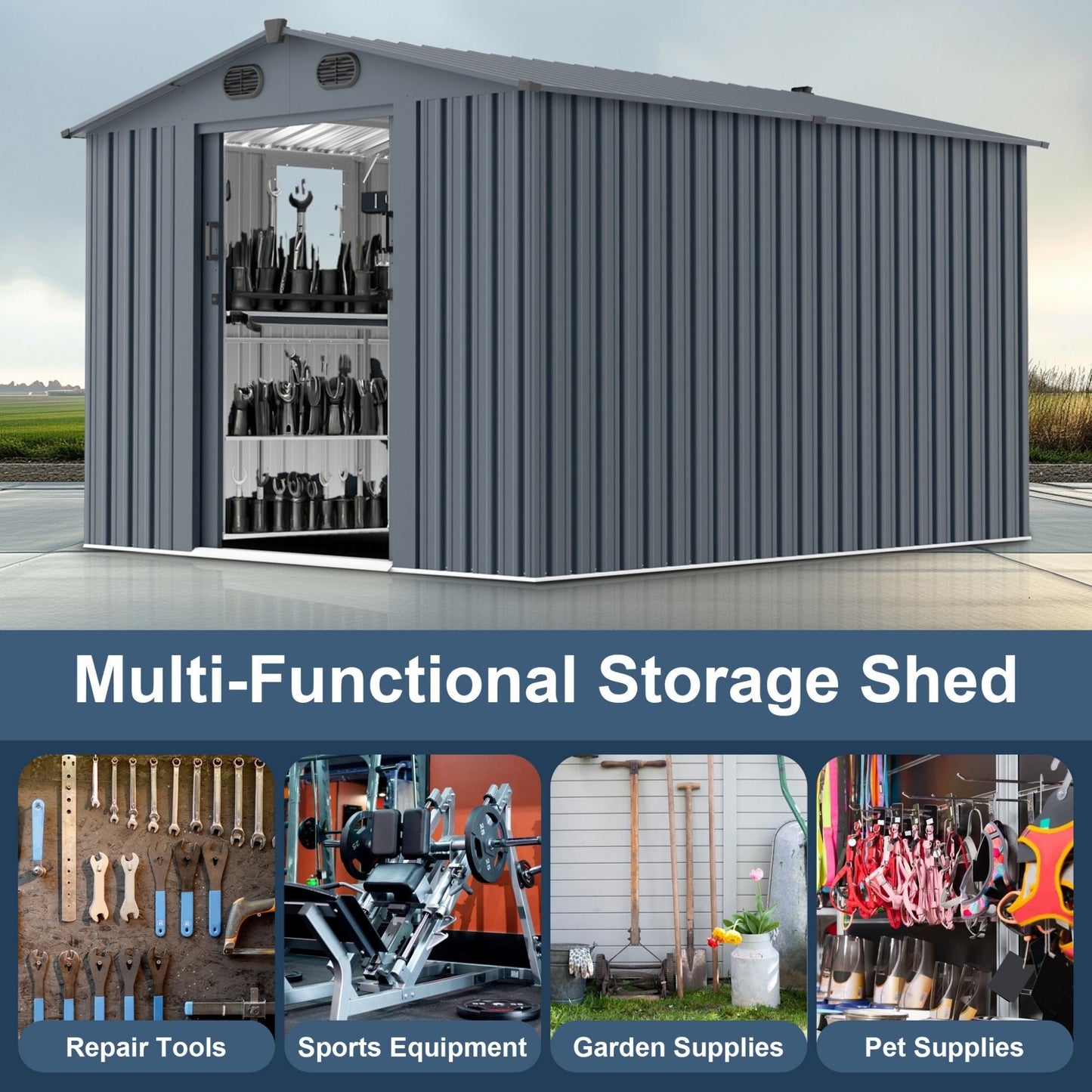 Alora 8x10 Outdoor Metal Storage Shed – Window & Lockable Doors