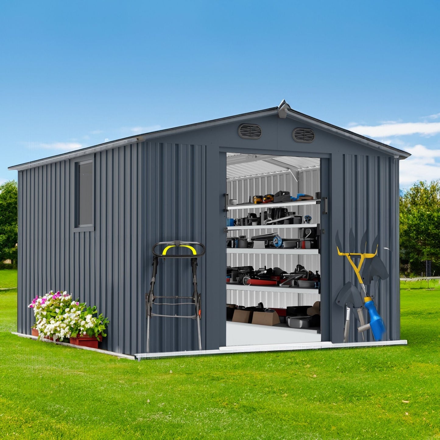 Alora 8x10 Outdoor Metal Storage Shed – Window & Lockable Doors
