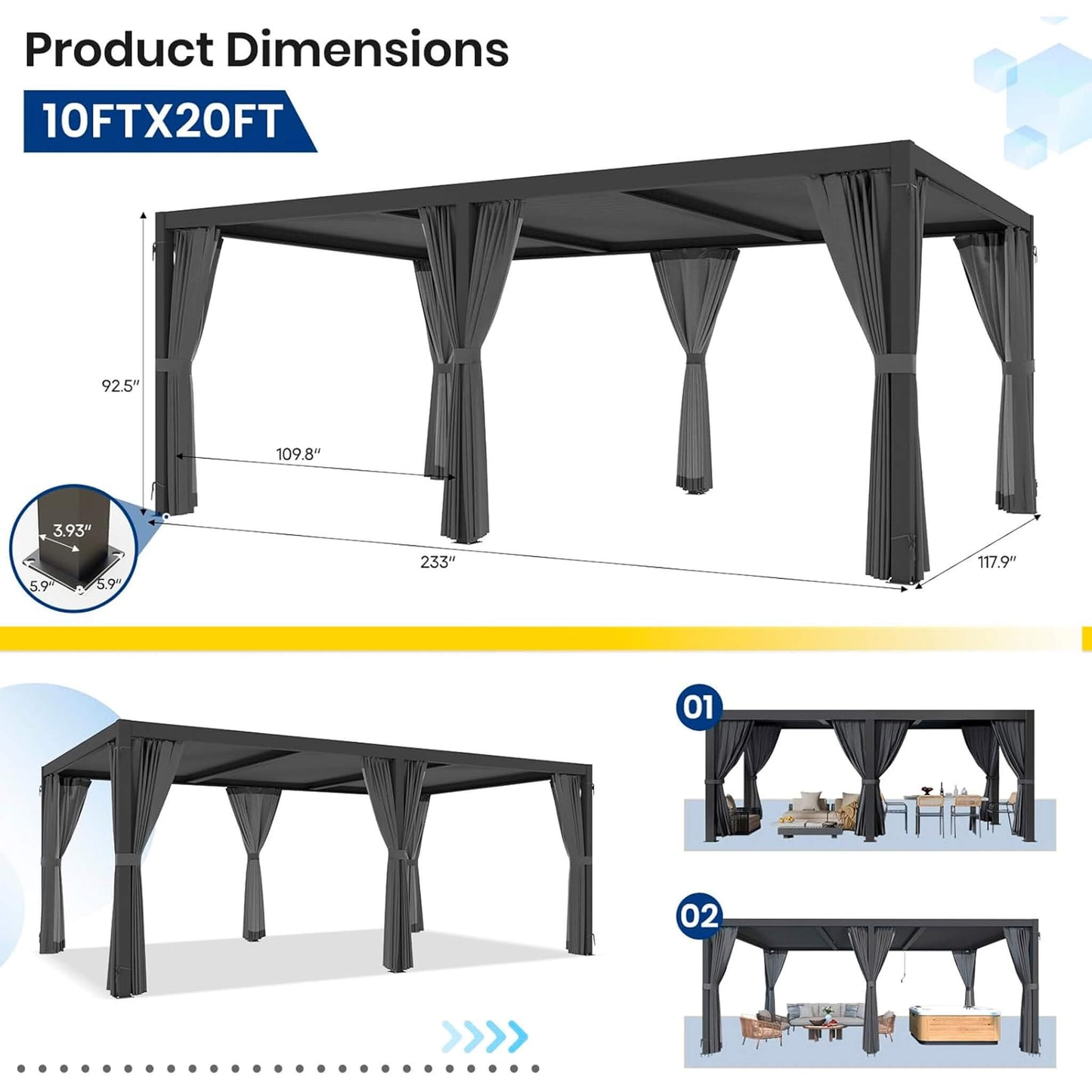 Alora 10x20 Louvered Pergola – Curtains & Netting