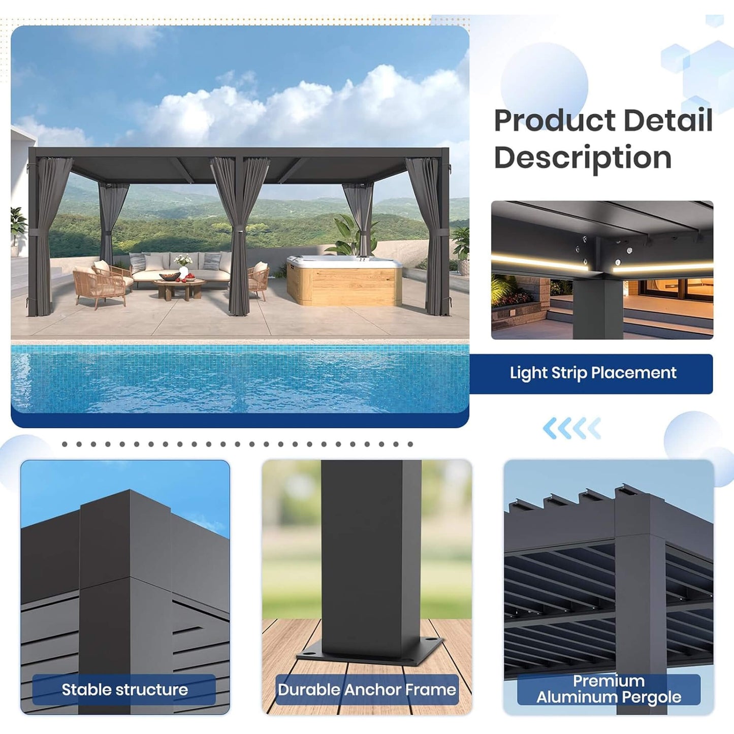Alora 10x20 Louvered Pergola – Curtains & Netting