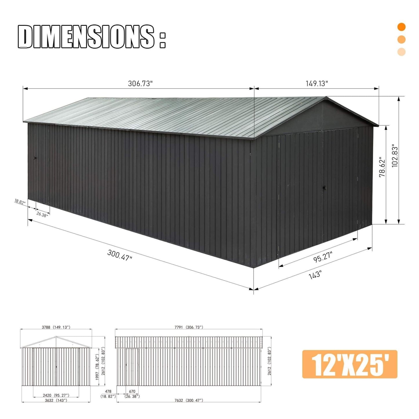 Alora 12x25 Heavy-Duty Metal Carport Garage Shed – Double Hinged Doors
