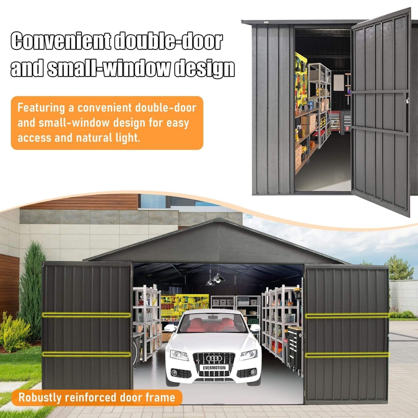 Alora 12x25 Heavy-Duty Metal Carport Garage Shed – Double Hinged Doors