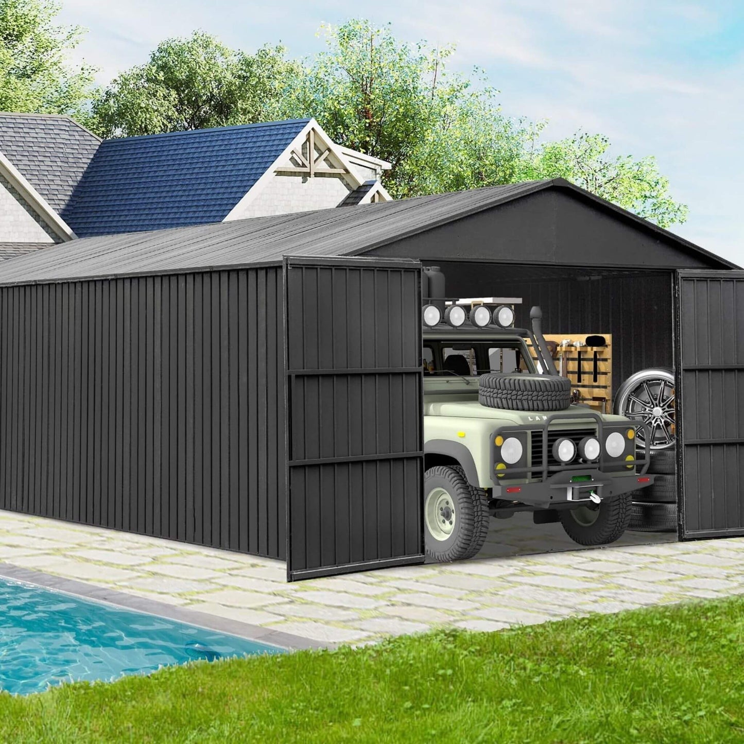 Alora 12x25 Heavy-Duty Metal Carport Garage Shed – Double Hinged Doors