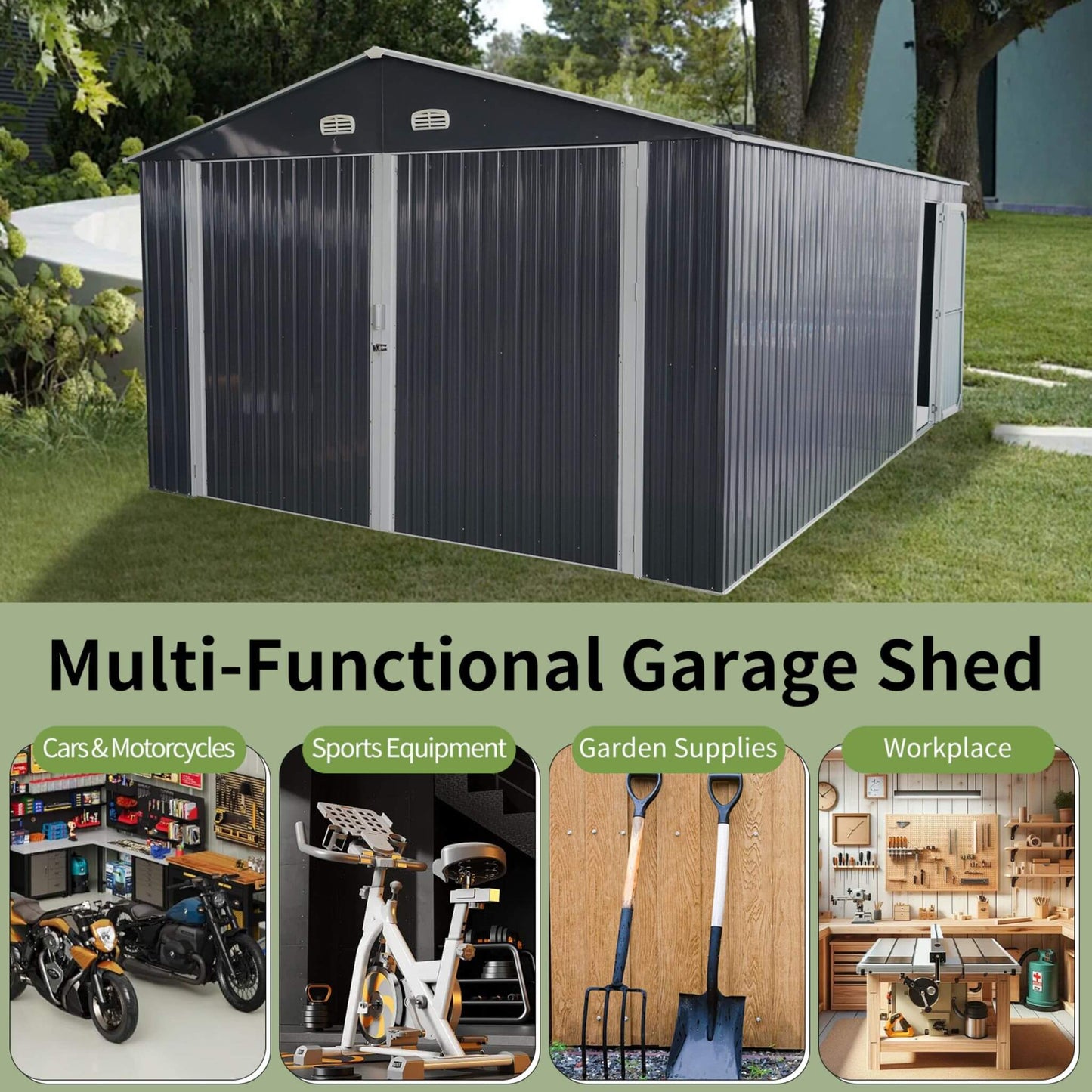 Alora 13x20 Heavy-Duty Outdoor Metal Storage Shed – Double Doors