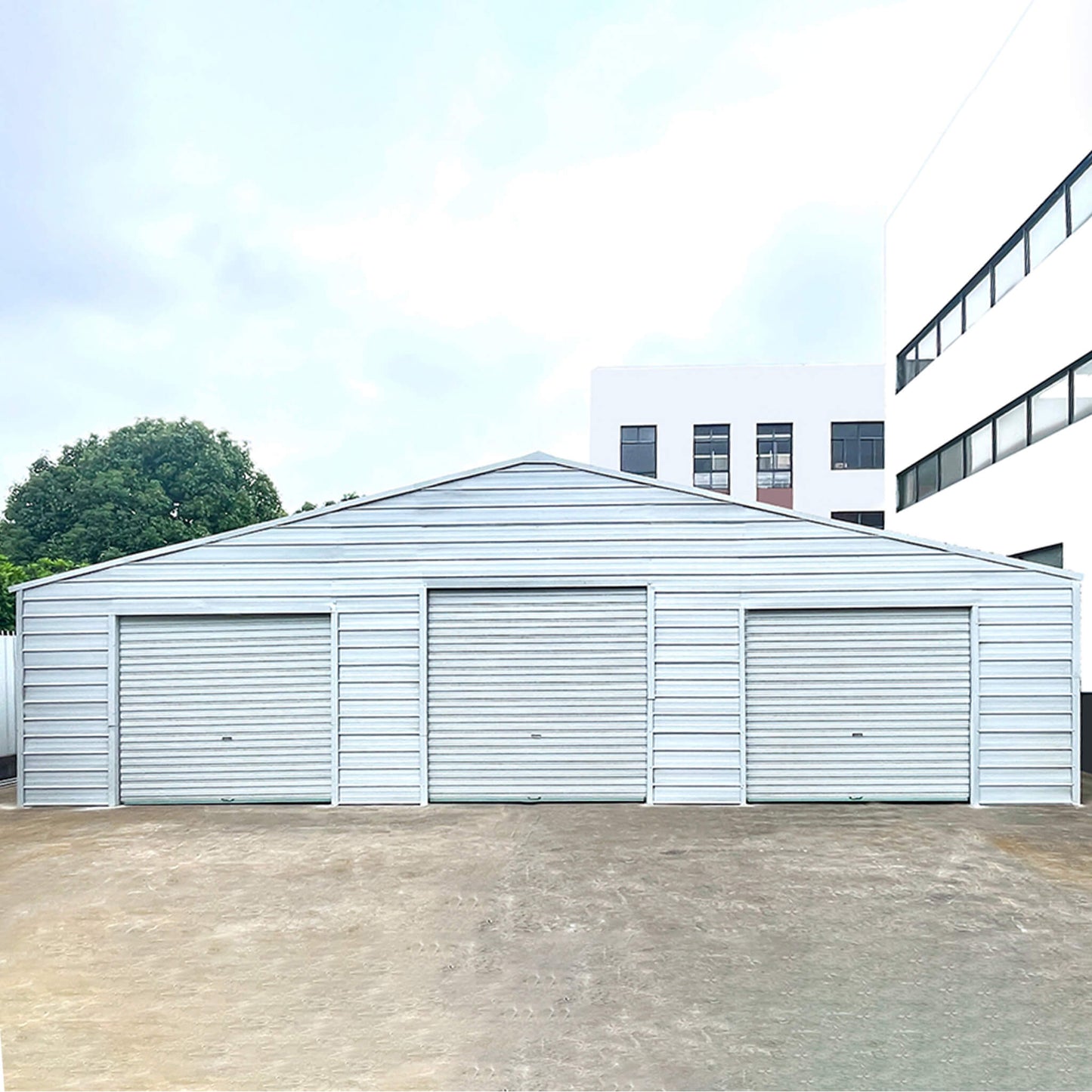 39x39 Extra-Large Galvanized Steel Barn Shed – 3 Rolling Garage Doors