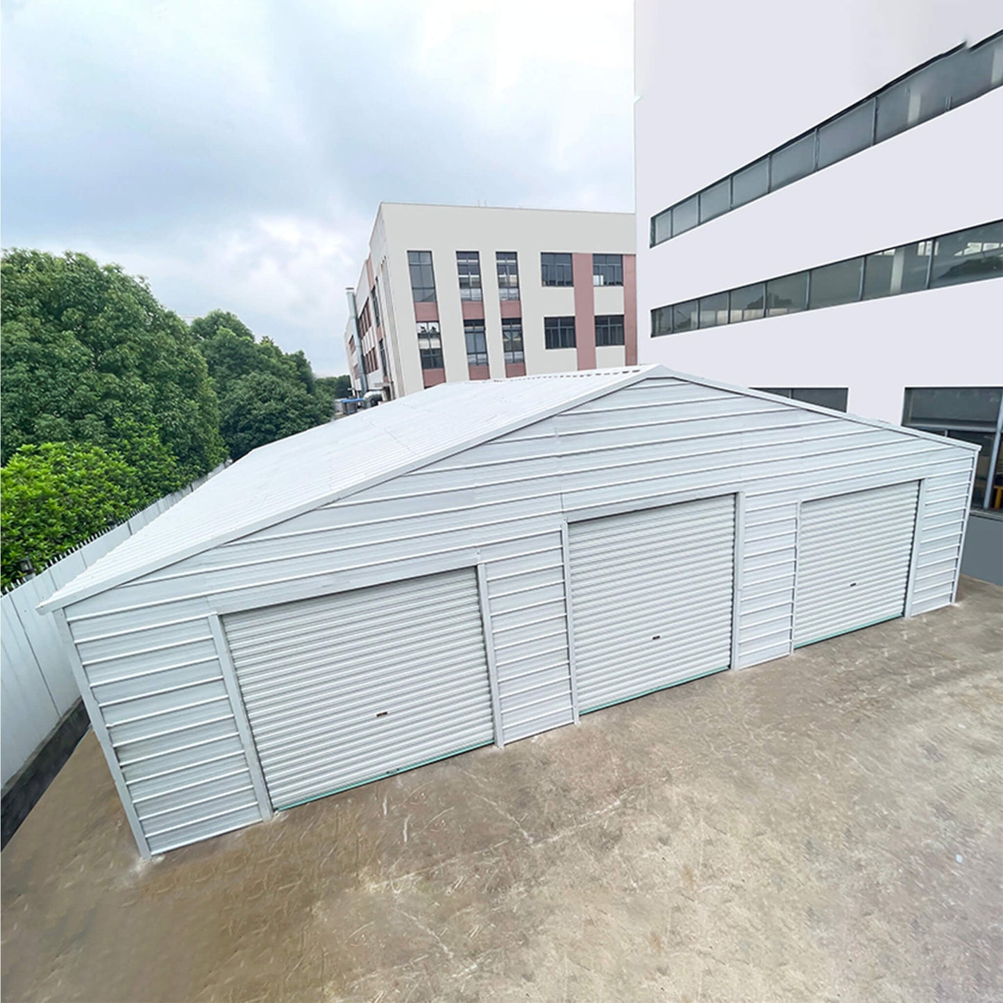 39x39 Extra-Large Galvanized Steel Barn Shed – 3 Rolling Garage Doors