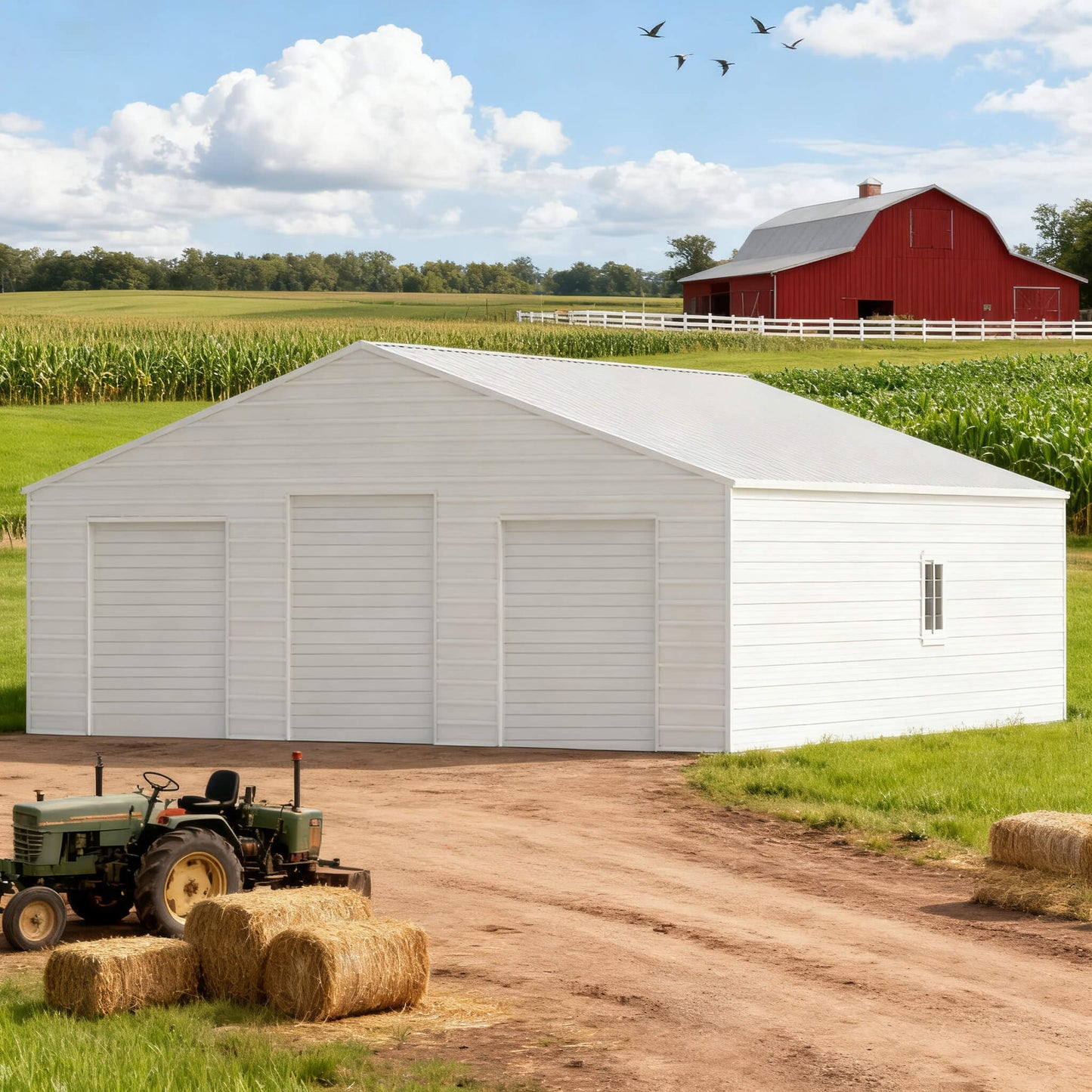 39x39 Extra-Large Galvanized Steel Barn Shed – 3 Rolling Garage Doors