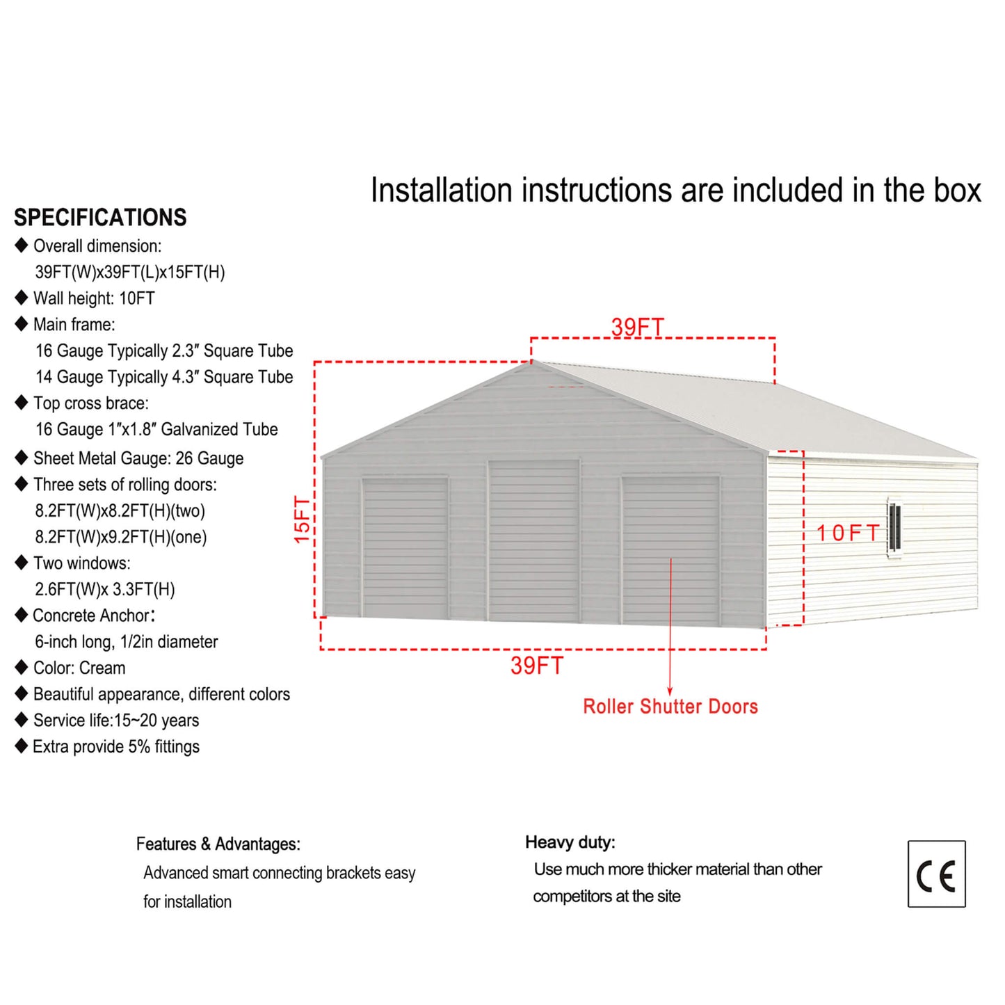 39x39 Extra-Large Galvanized Steel Barn Shed – 3 Rolling Garage Doors