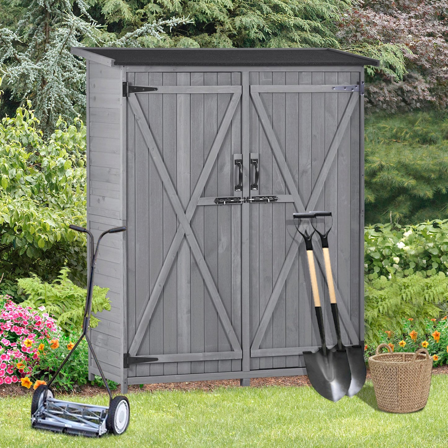 5x4 Outdoor Wood Storage Shed – Gray Finish, Waterproof Asphalt Roof
