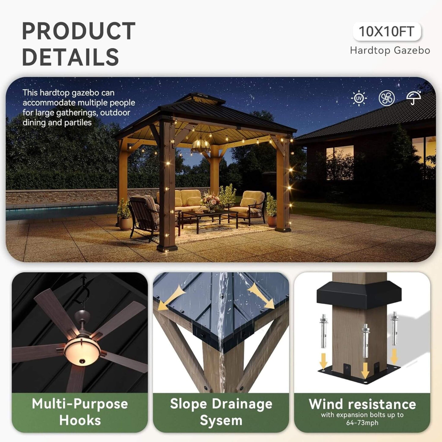 Alora Outdoor Cedar Wood Hardtop Gazebo – Galvanized Steel