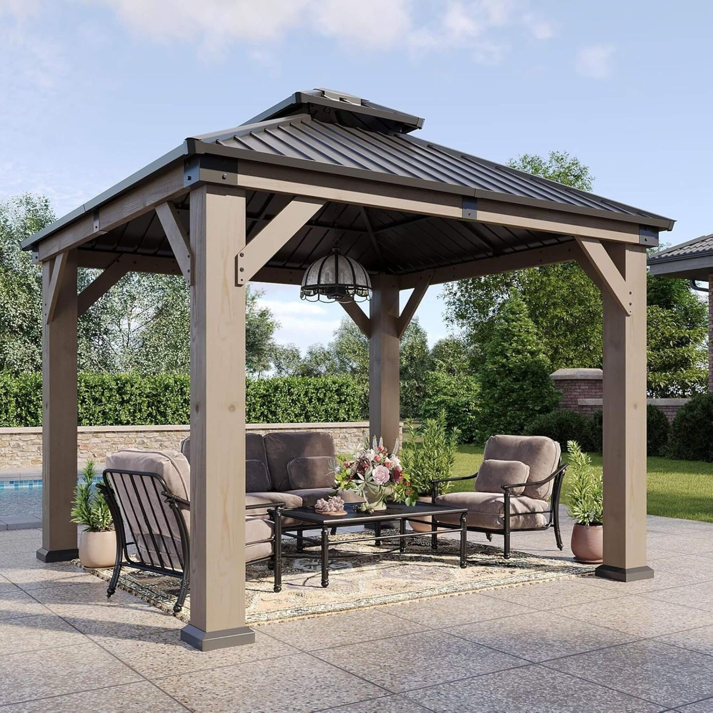 Alora Outdoor Cedar Wood Hardtop Gazebo – Galvanized Steel